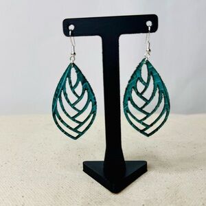 Elegant Aqua Blue Leather Earrings with Abstract Leaf Cutout Earrings